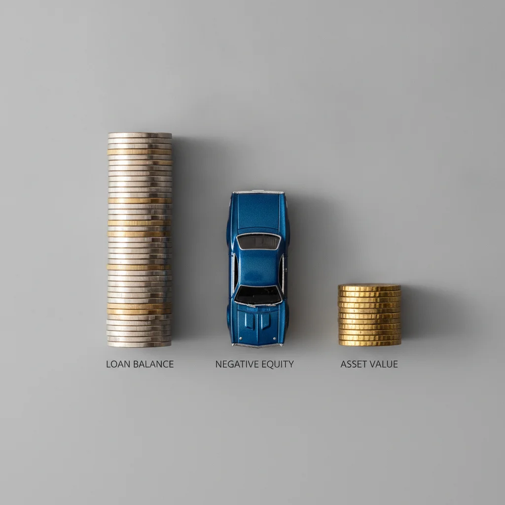 Two unequal stacks of coins next to a model car illustrating vehicle negative equity and loan balance