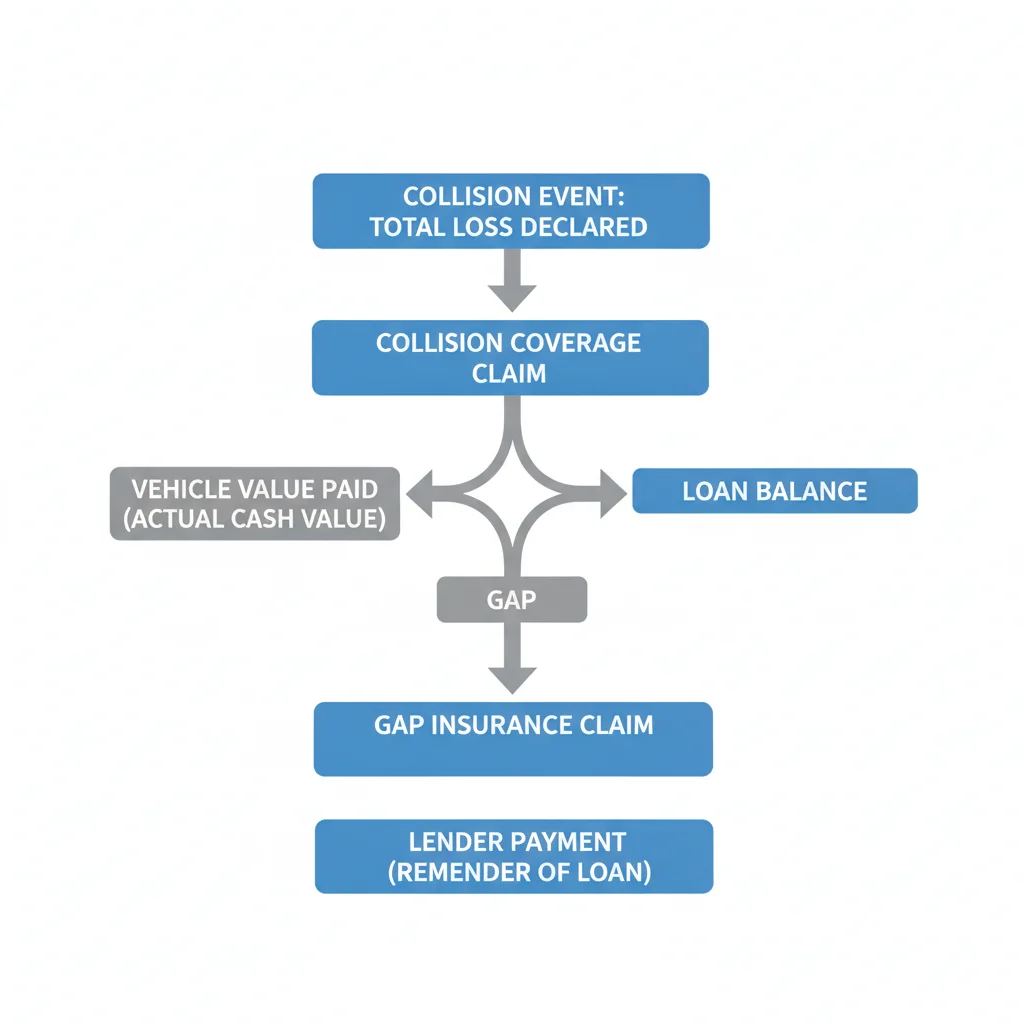 Flowchart illustrating how a total loss claim moves from collision insurer to gap insurer to auto lender