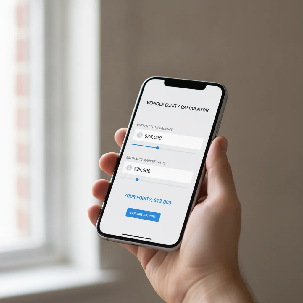 Person using a smartphone vehicle equity calculator to compare loan balance and current car market value