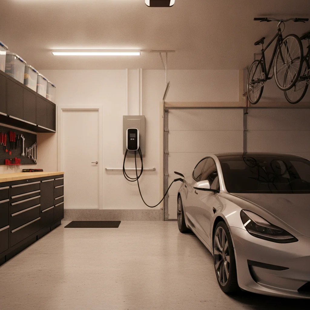 Level 2 EV charger mounted on garage wall with charging cable connected to electric vehicle