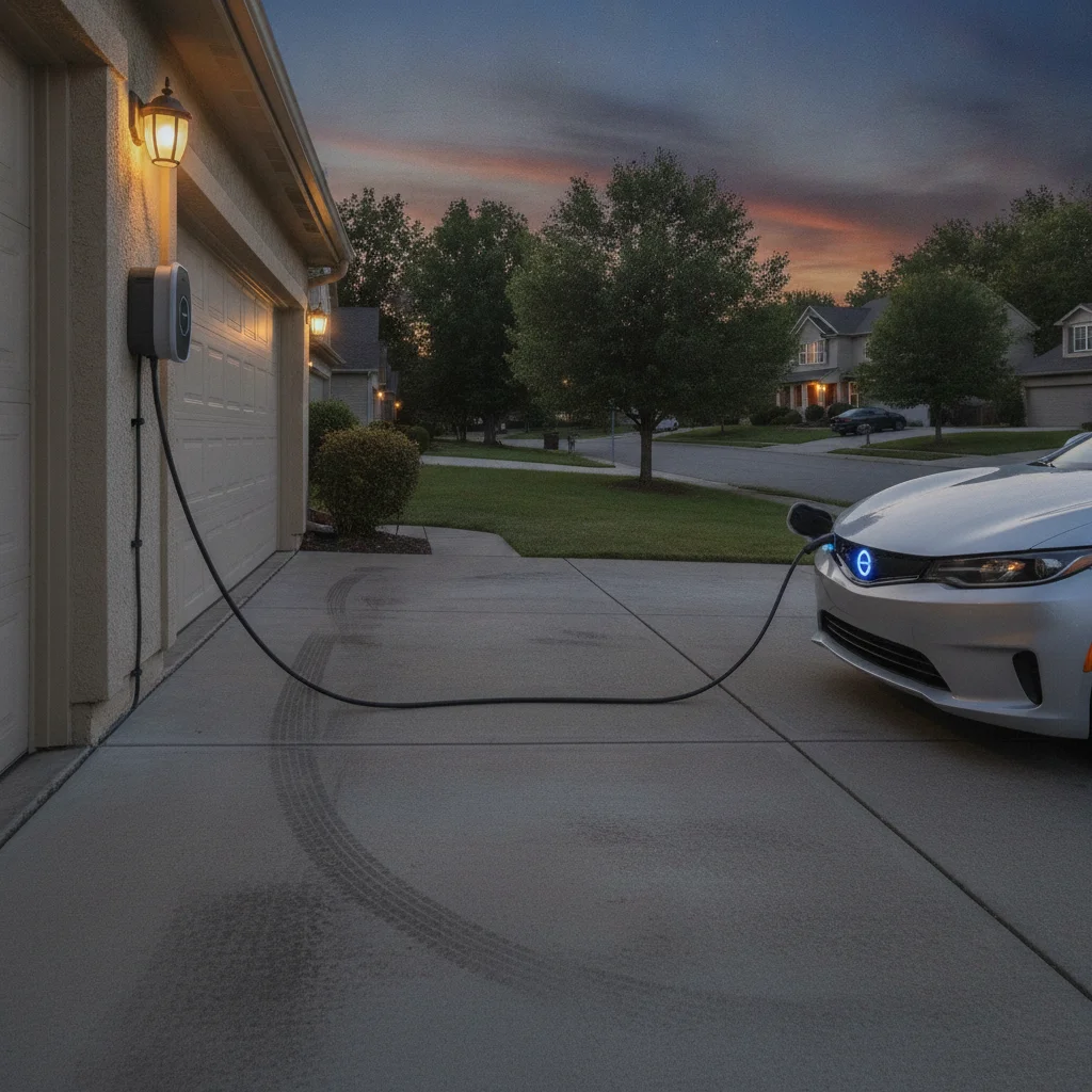 Outdoor-rated Level 2 EV charger mounted on exterior house wall with vehicle charging in driveway