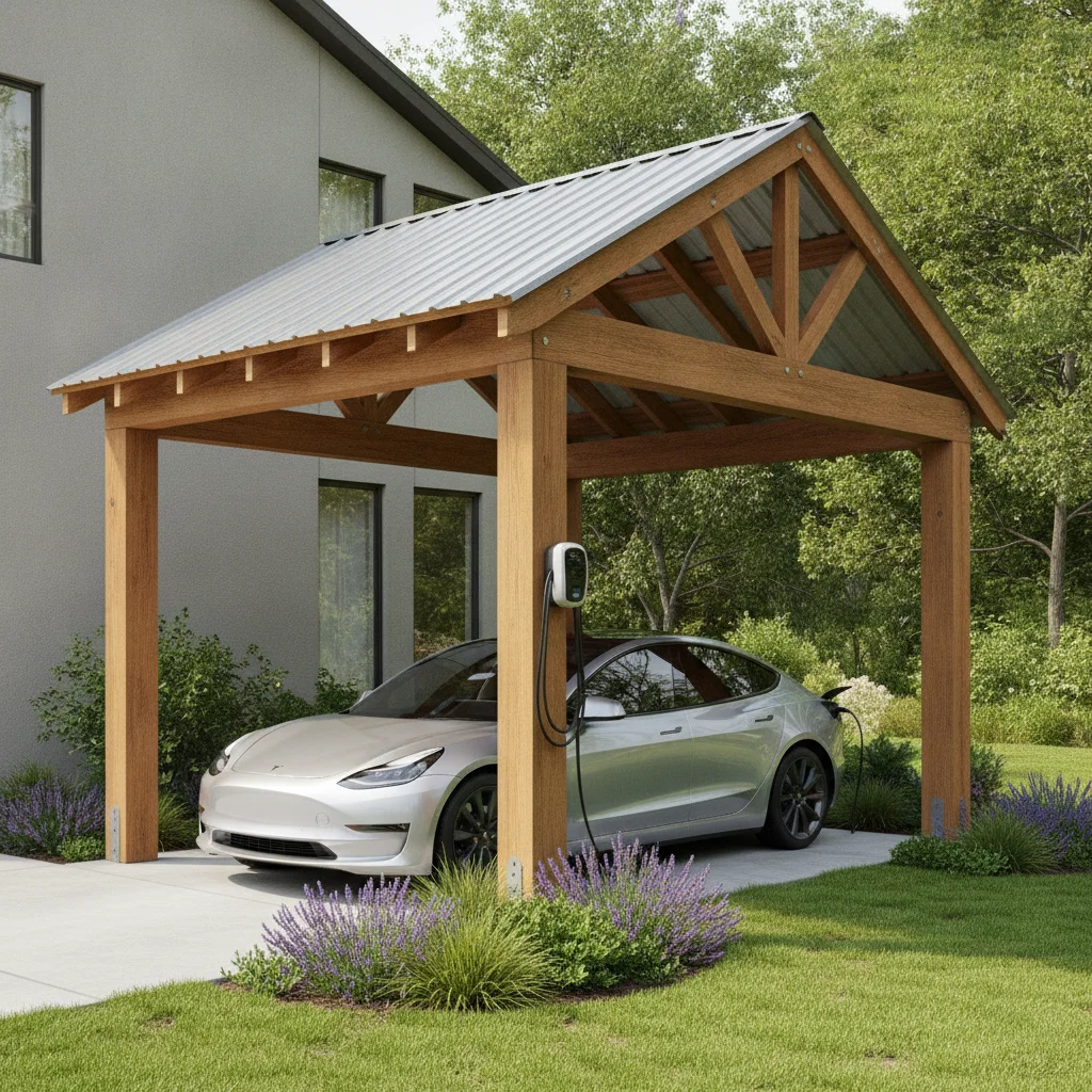 EV charger mounted on a carport post with an electric vehicle parked underneath the structure