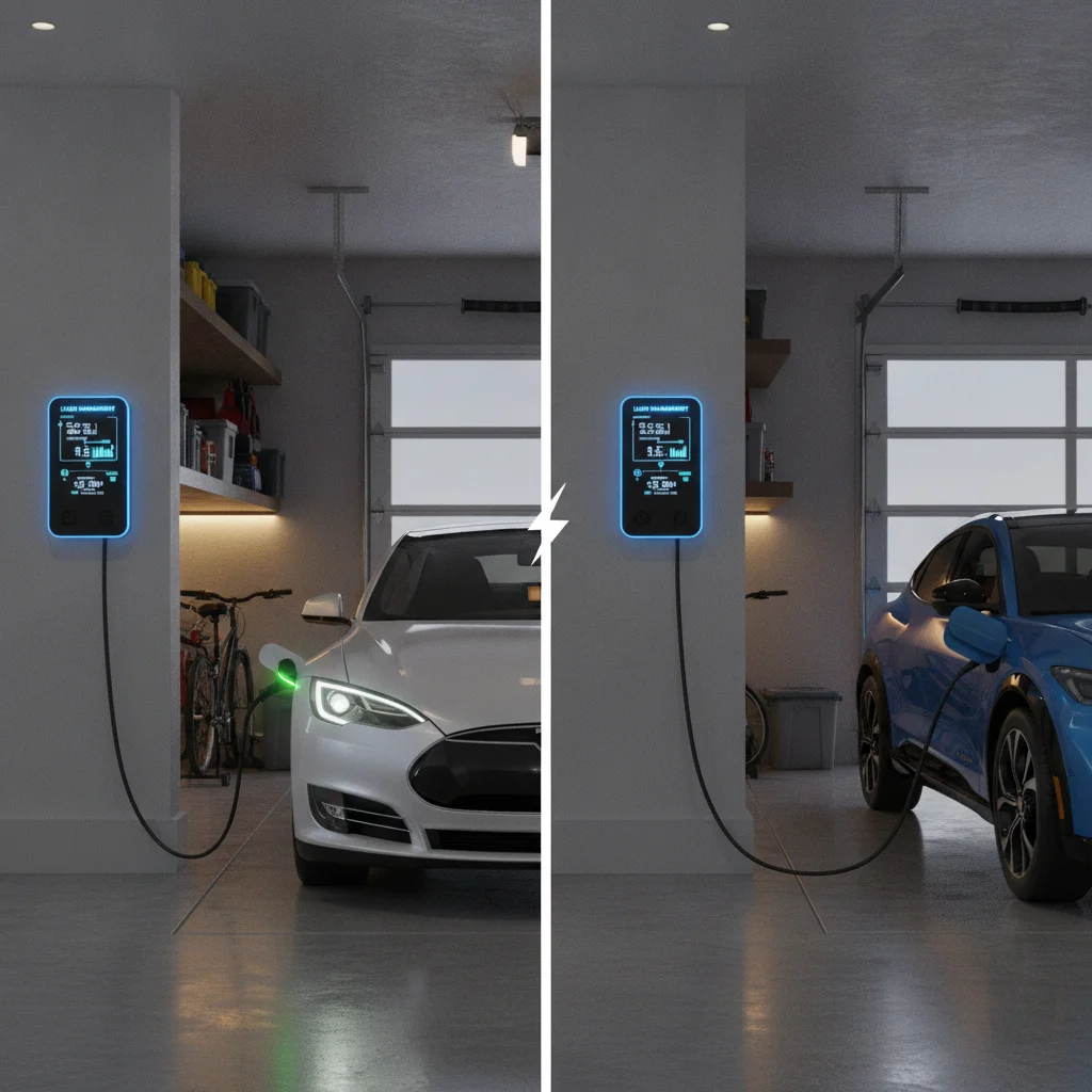 Two electric vehicles in a home garage with a Level 2 charger and smart load management display