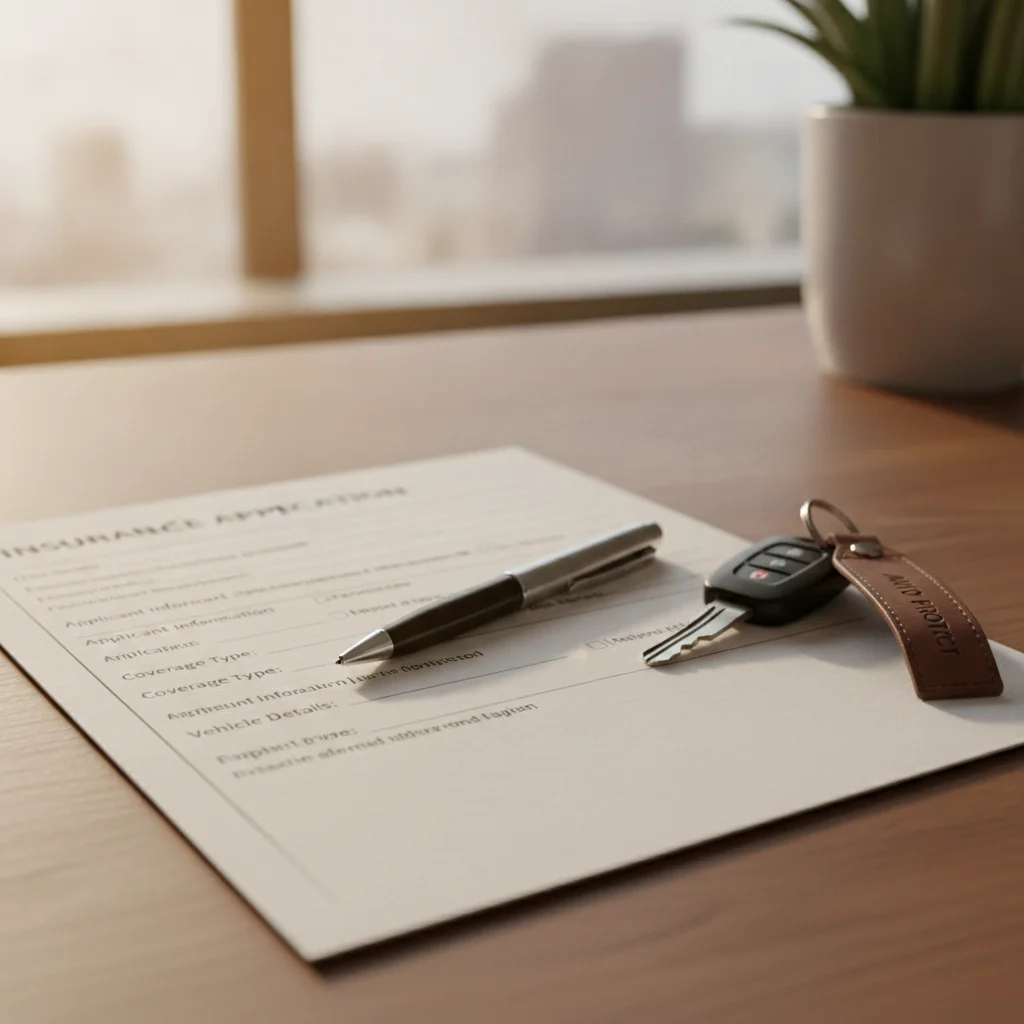 An auto insurance application form on a desk with car keys placed beside it.