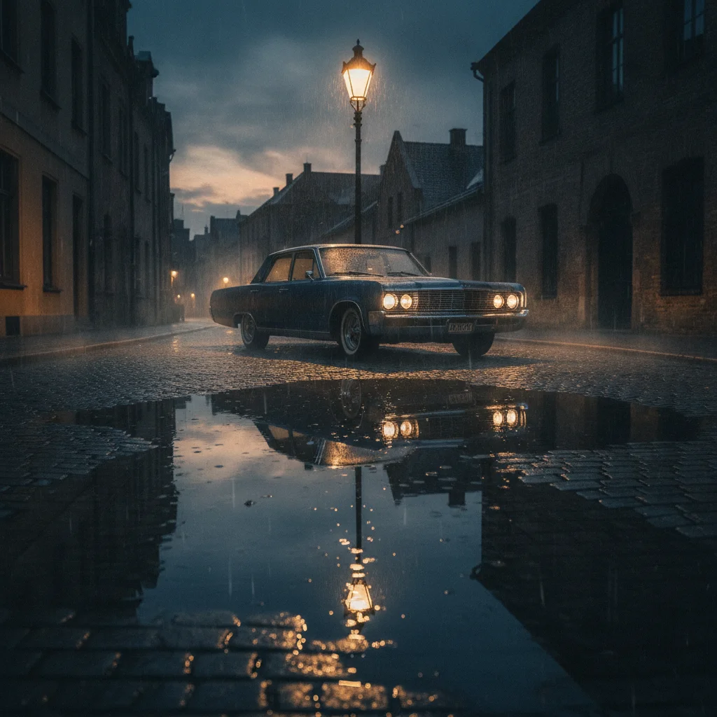 A sedan parked on a wet urban street at night under a glowing street lamp.