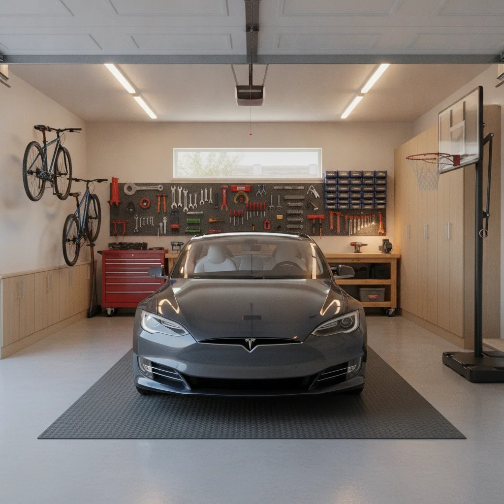A vehicle parked inside a well-lit organized residential garage with tools on the wall.