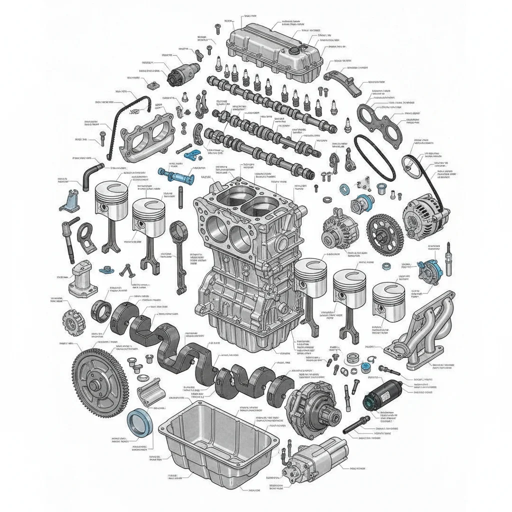 Exploded diagram of a gasoline engine revealing hundreds of individual mechanical components and moving parts
