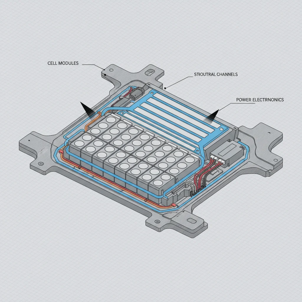 Cross-section of an electric vehicle battery pack showing cell modules and cooling system mounted in the vehicle floor