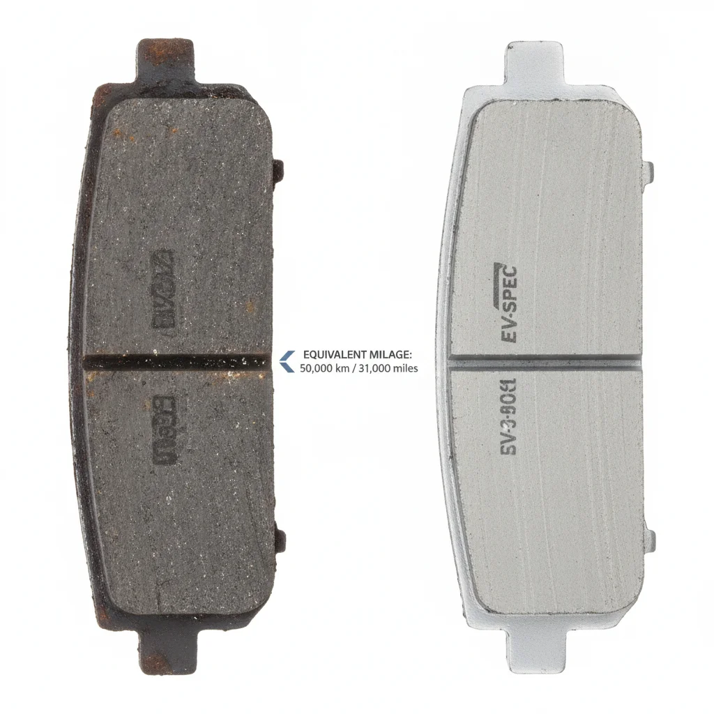 Side-by-side comparison of brake pad wear between a conventional gas car and an electric vehicle at similar mileage