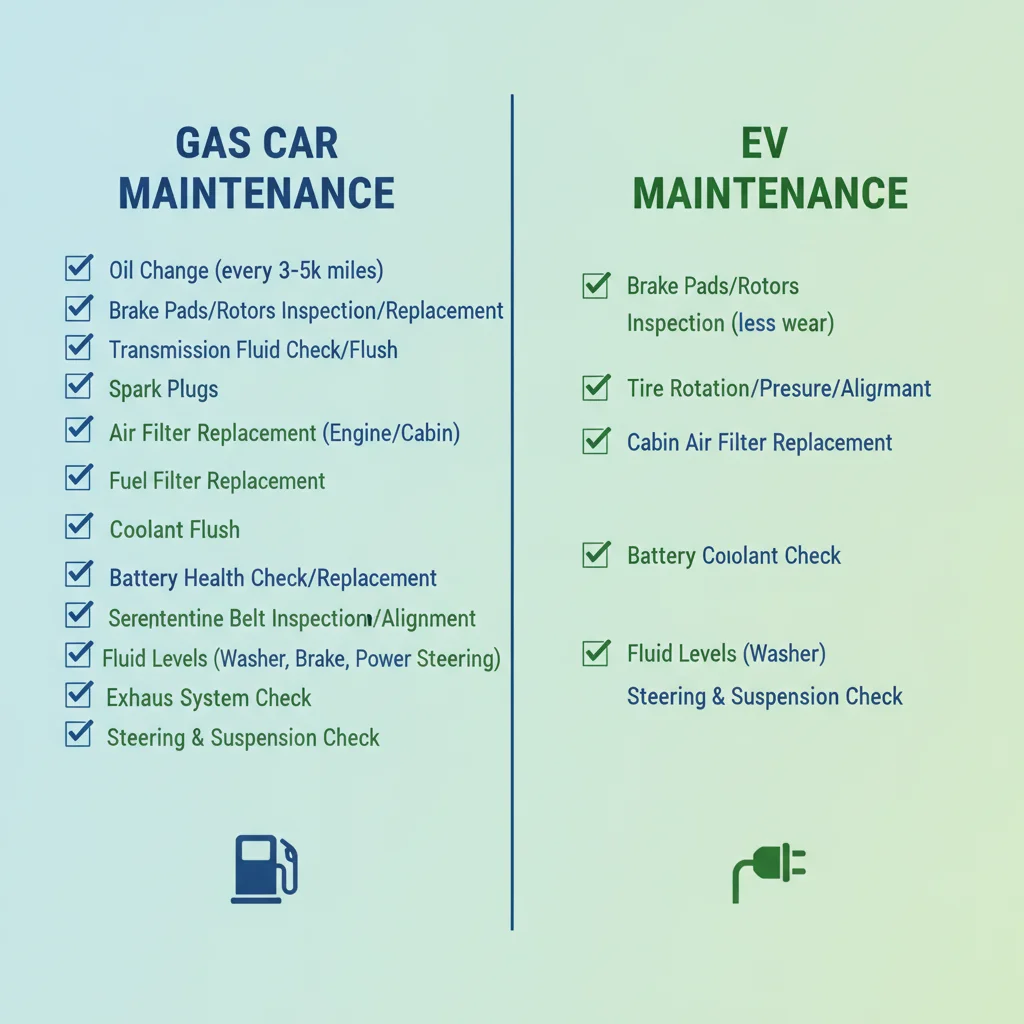 Infographic comparing a gas vehicle's long maintenance checklist versus a shorter electric vehicle maintenance checklist