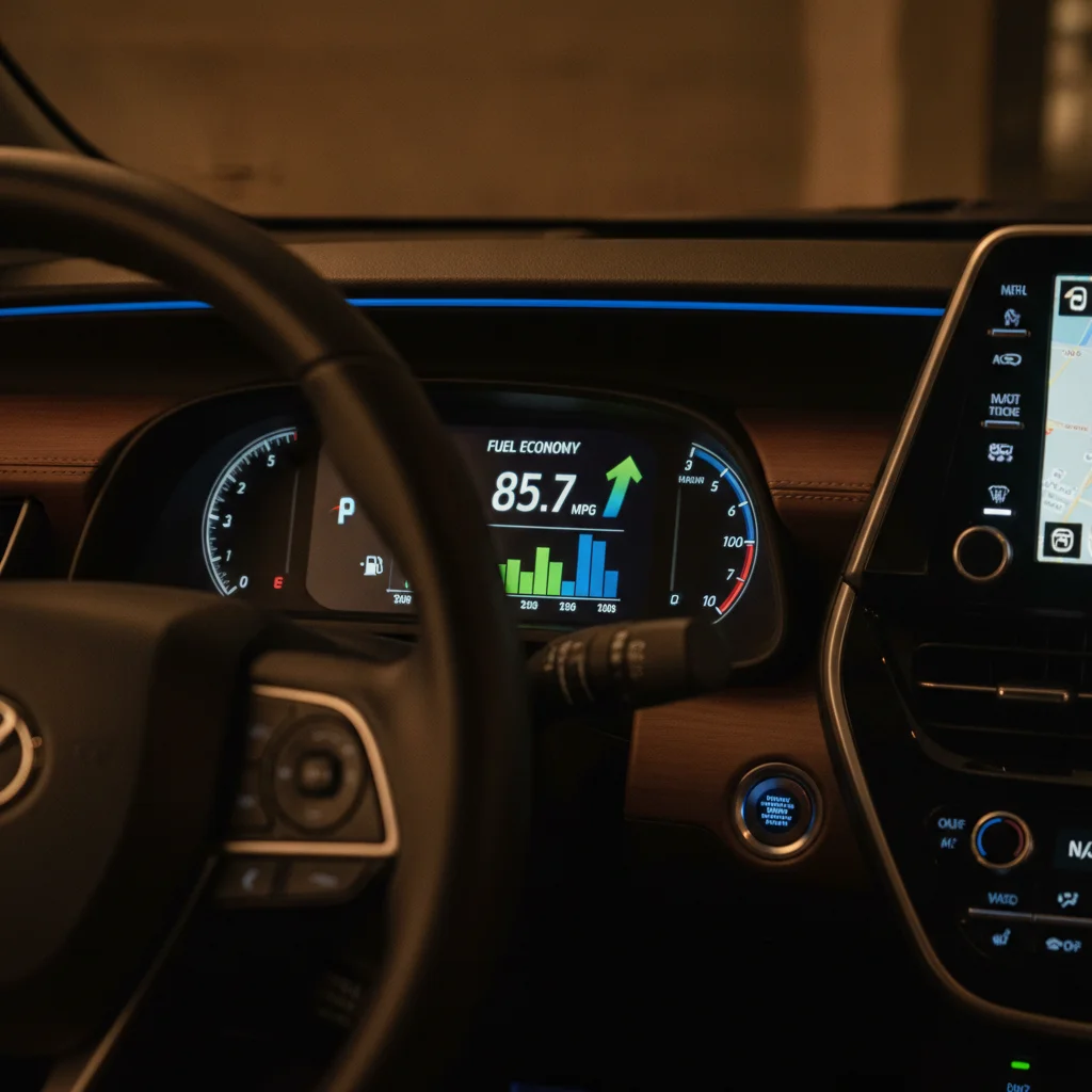Hybrid vehicle dashboard showing high miles per gallon fuel economy readout