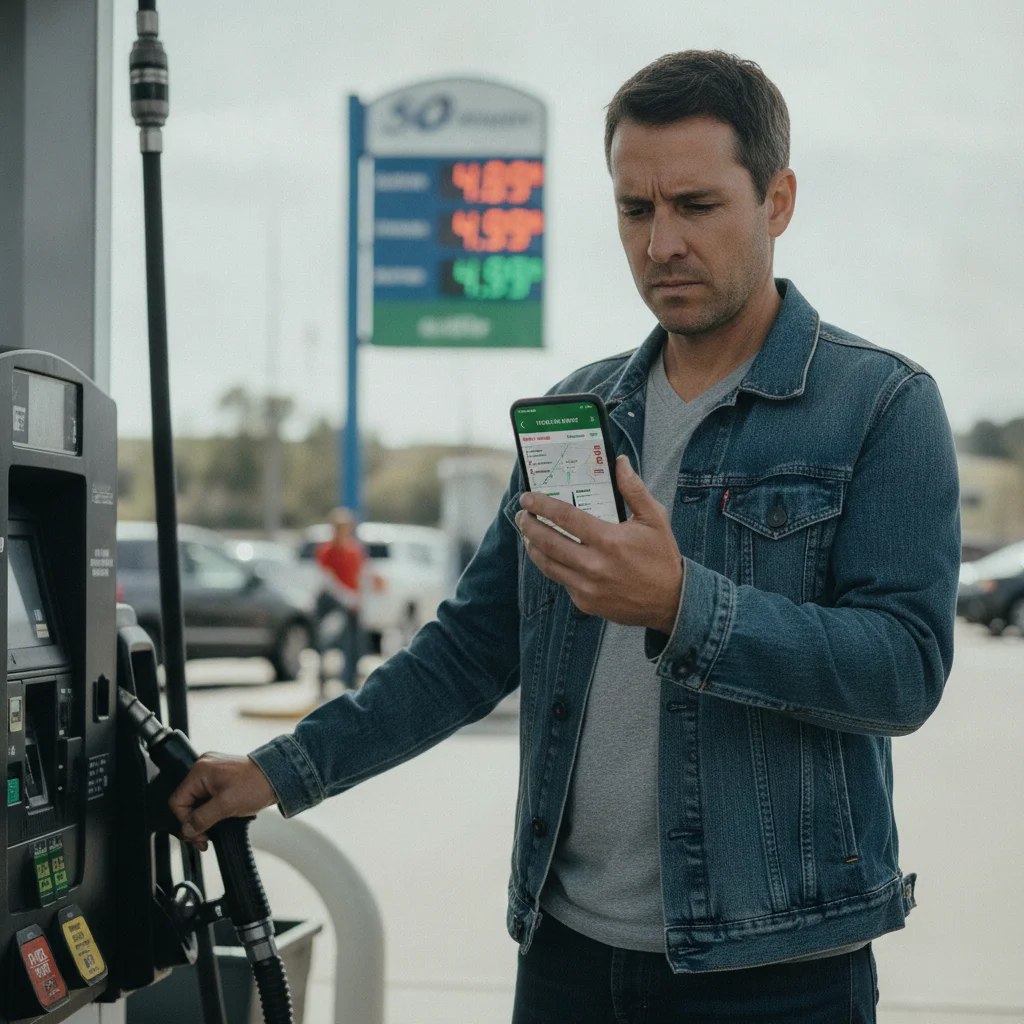 Person checking fuel price tracking app on smartphone while standing at a gas pump