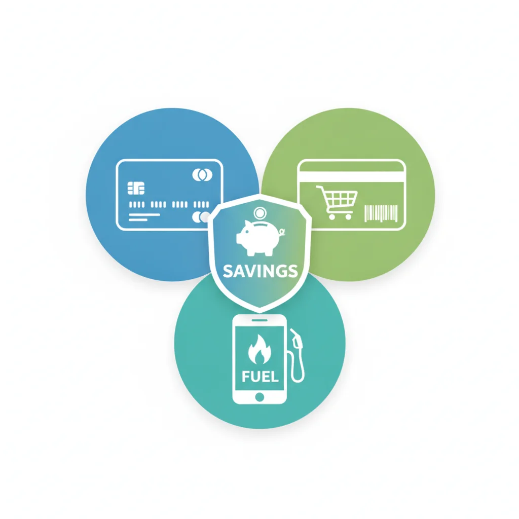 Diagram showing three types of gas rewards programs — credit cards, grocery loyalty, and station apps — overlapping.