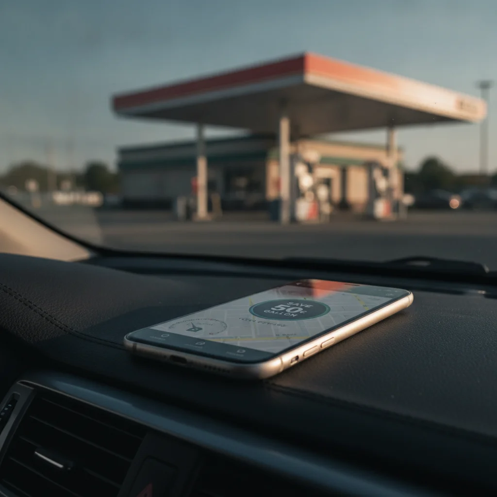 Smartphone showing a gas station rewards app with per-gallon discount displayed on a car dashboard.