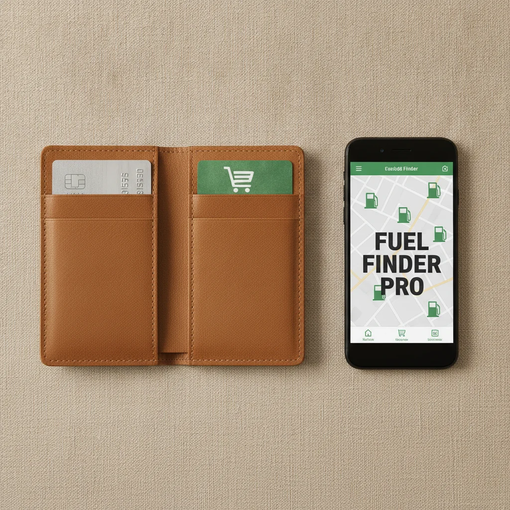 Wallet with gas rewards credit card, grocery loyalty card, and smartphone showing a fuel app, viewed from above.
