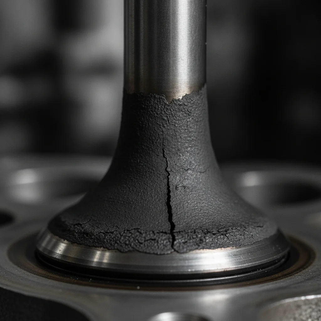 Close-up of heavy carbon deposit buildup on an engine intake valve surface