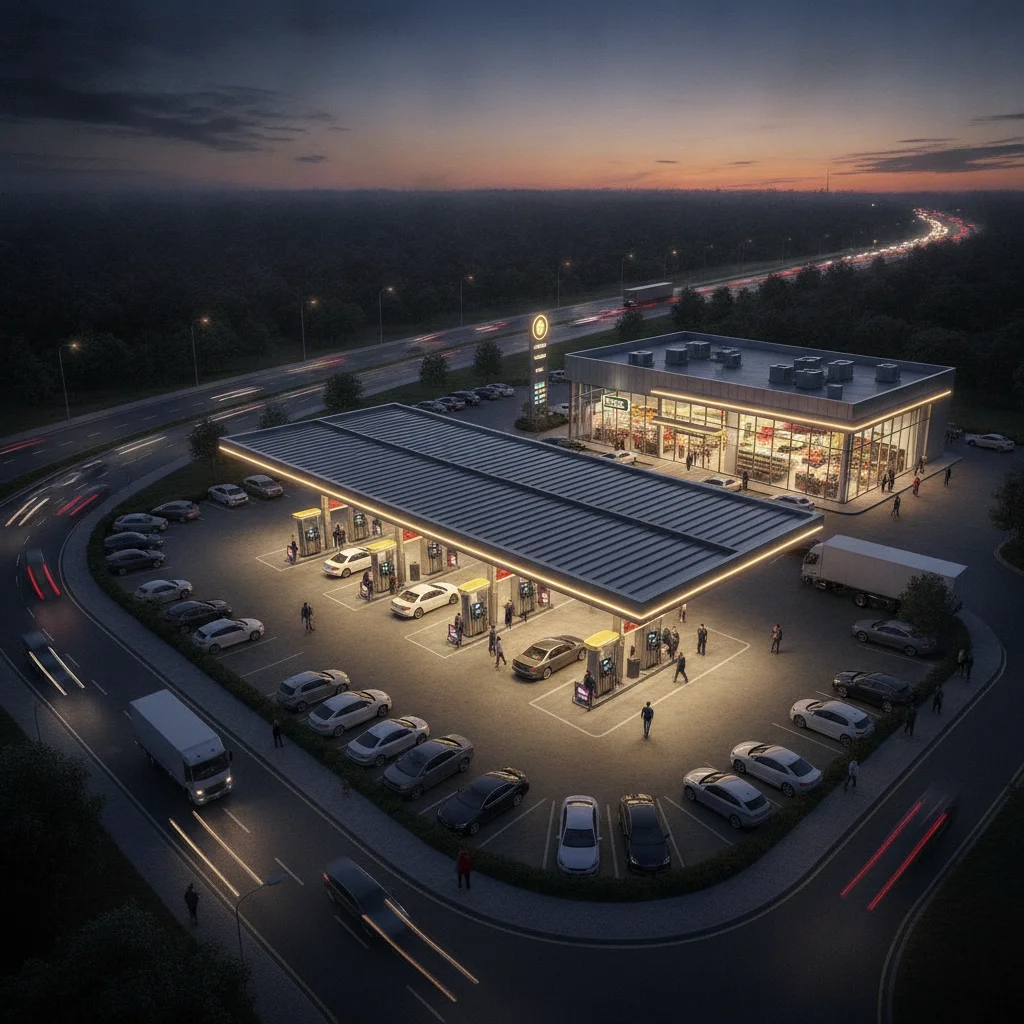 Aerial view of a busy modern gas station with multiple cars fueling at dusk
