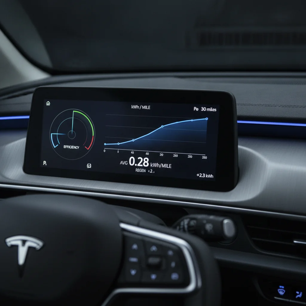 EV dashboard energy display showing real-time kilowatt-hours per mile consumption data