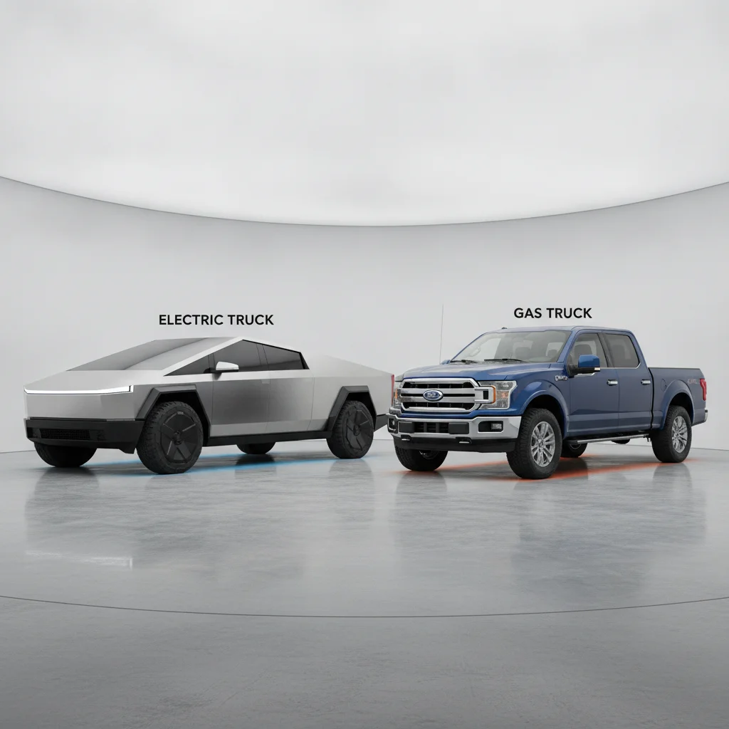 Electric pickup truck and gas-powered pickup truck parked side by side for comparison