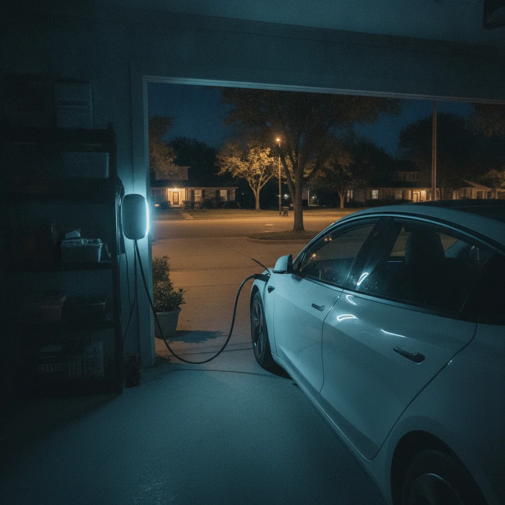 Electric vehicle plugged into a Level 2 home charger inside a residential garage at night