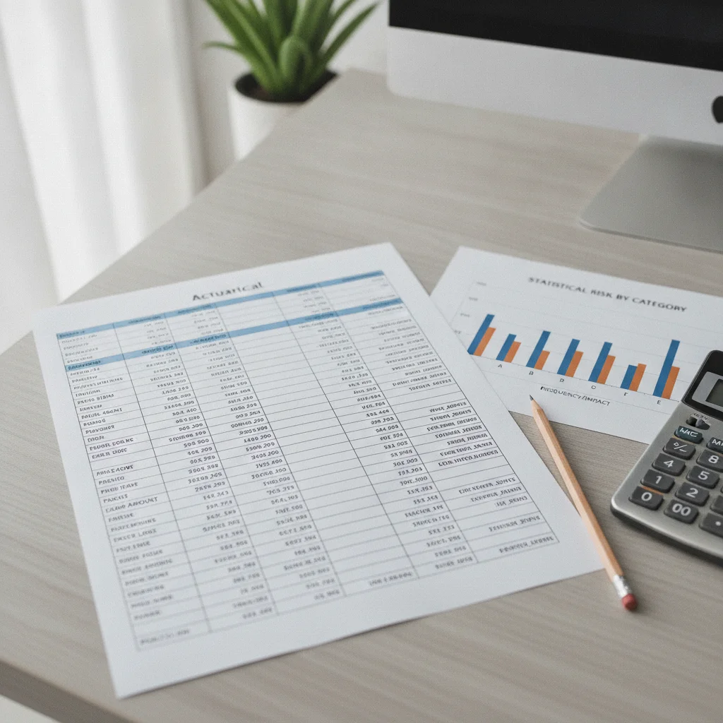 Actuarial risk data table and bar chart displayed on a desk with a calculator
