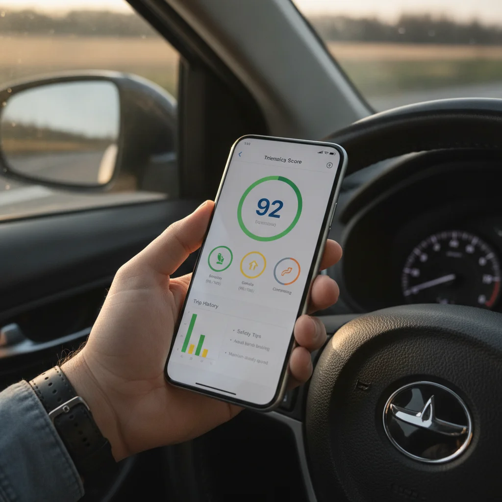 Smartphone showing a telematics driving score app with safety metrics held near a car steering wheel