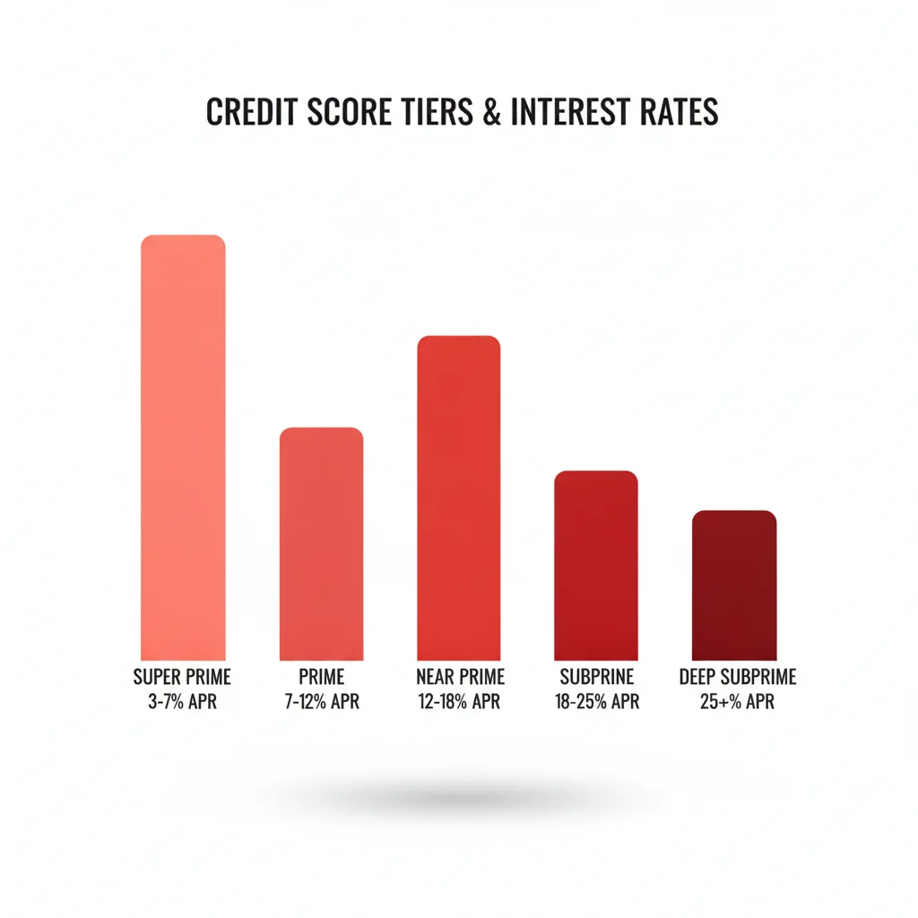 Bar chart comparing auto loan interest rates across five credit score tiers from prime to deep subprime