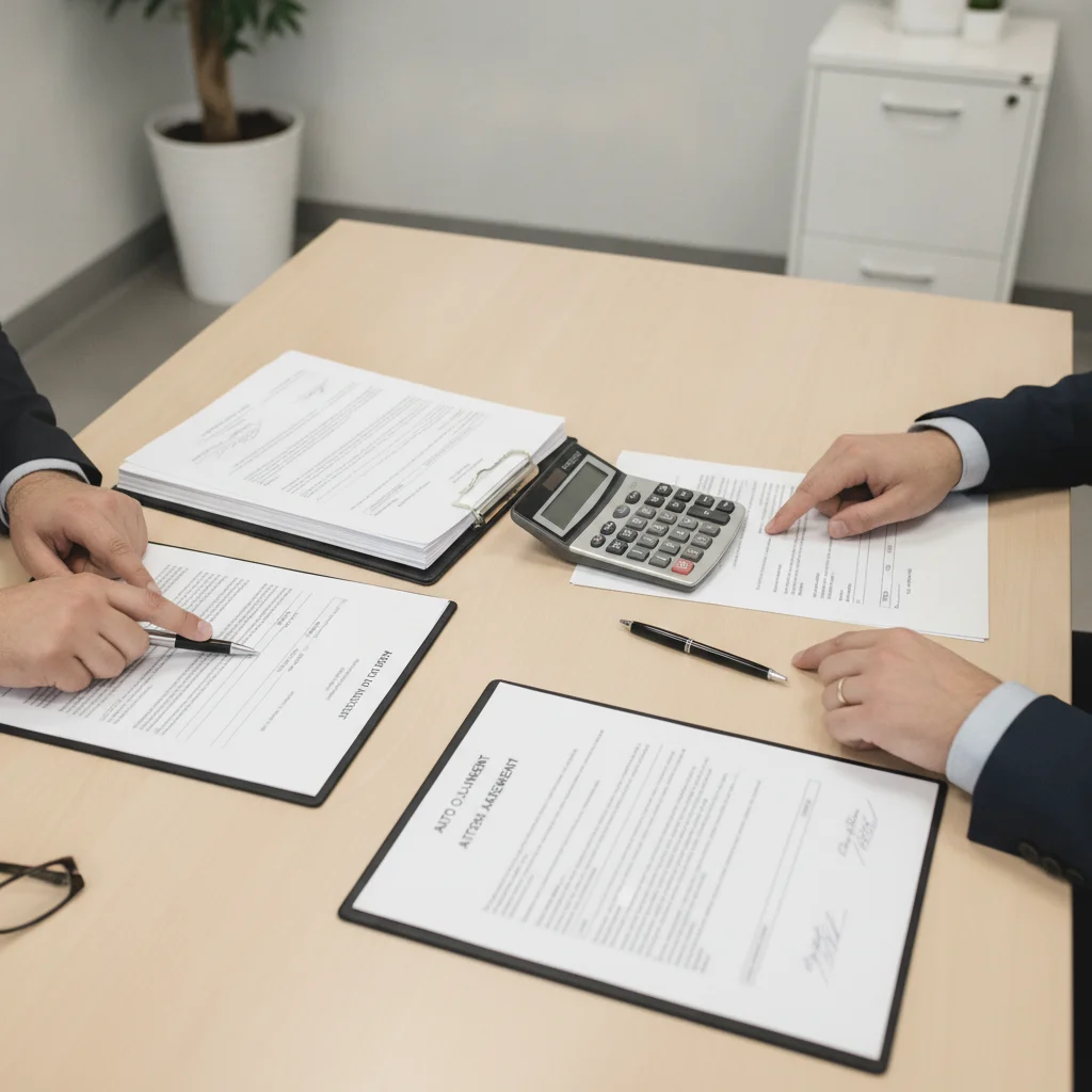 Two people reviewing auto loan documents on a finance office desk with a calculator nearby