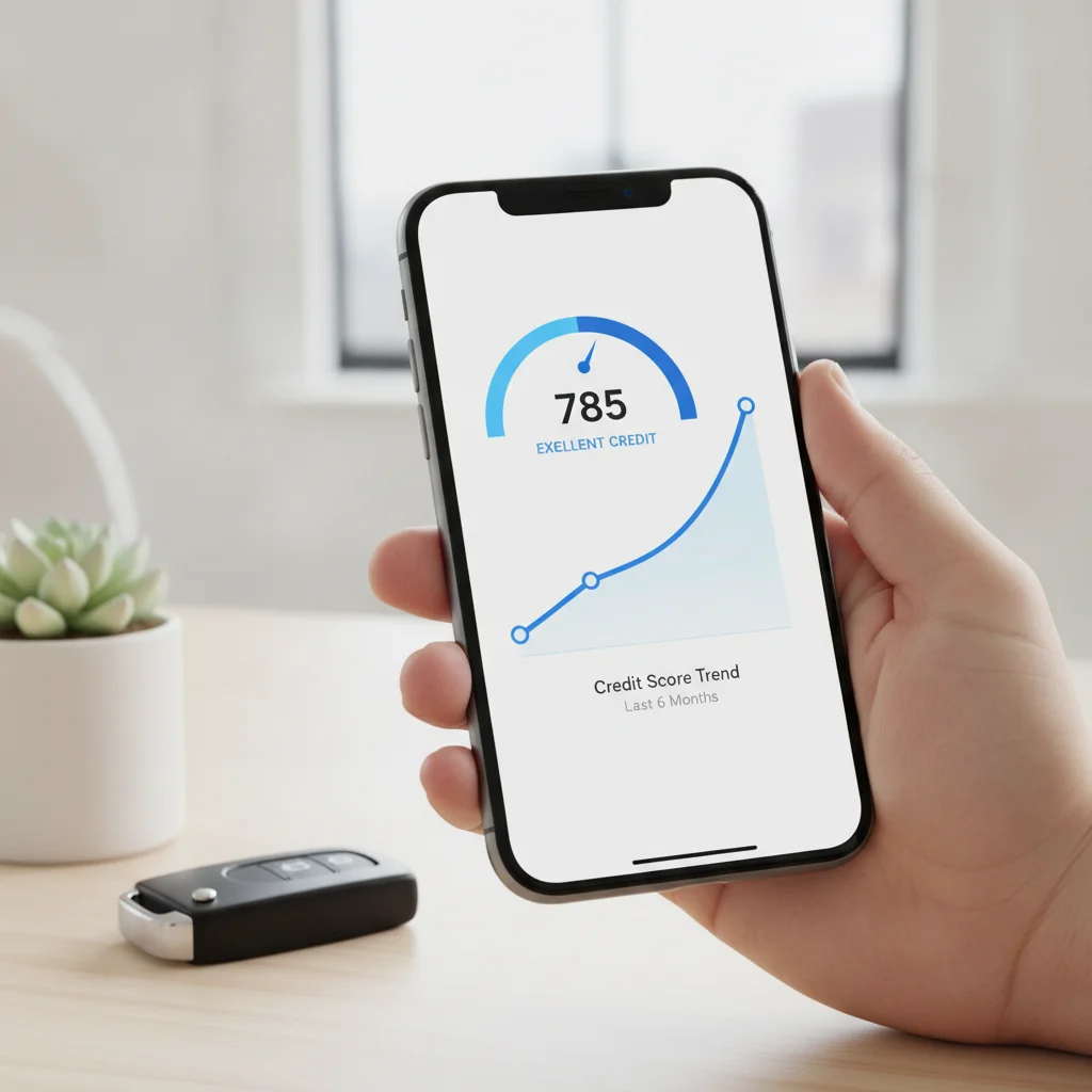 Person holding smartphone displaying rising credit score gauge alongside a car key on a desk