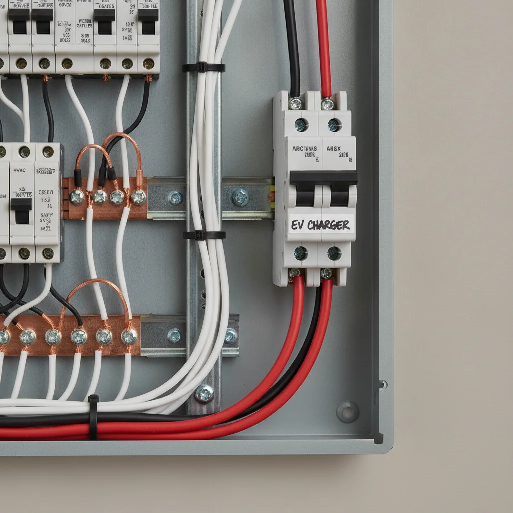 Residential electrical panel with a dedicated 240V double-pole breaker installed for an EV charger circuit