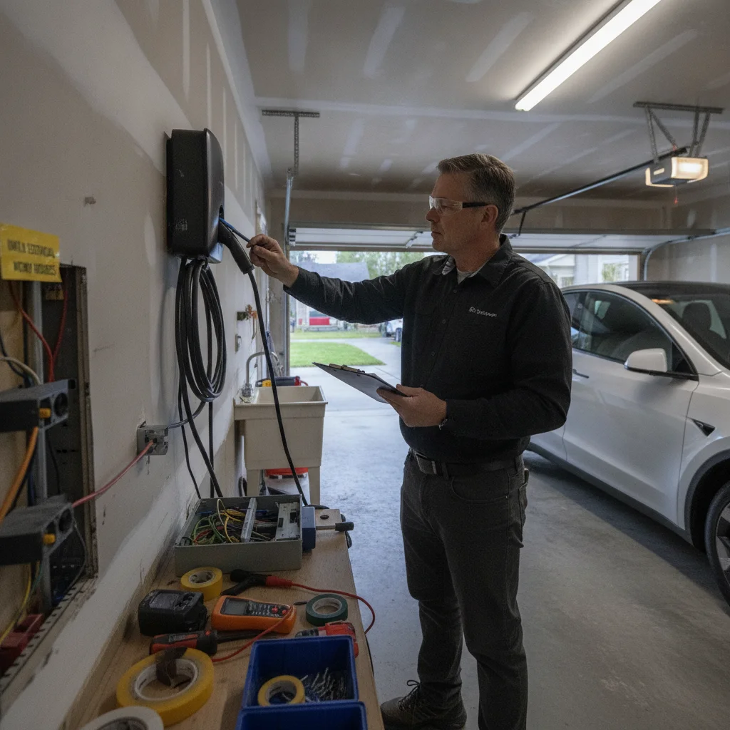 Electrical inspector reviewing a newly installed Level 2 EV charger mounted in a residential garage