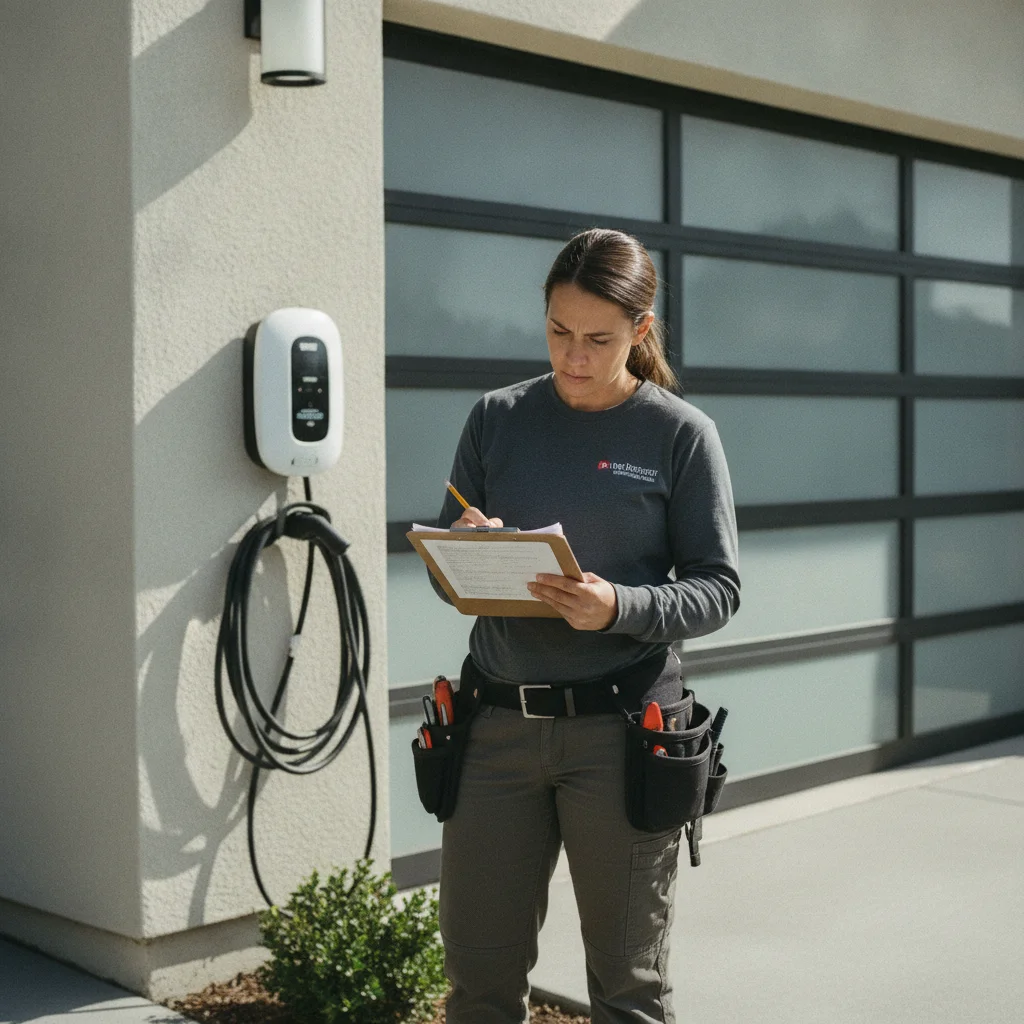 Electrician reviewing permit documents before completing an EV charger installation in a residential garage