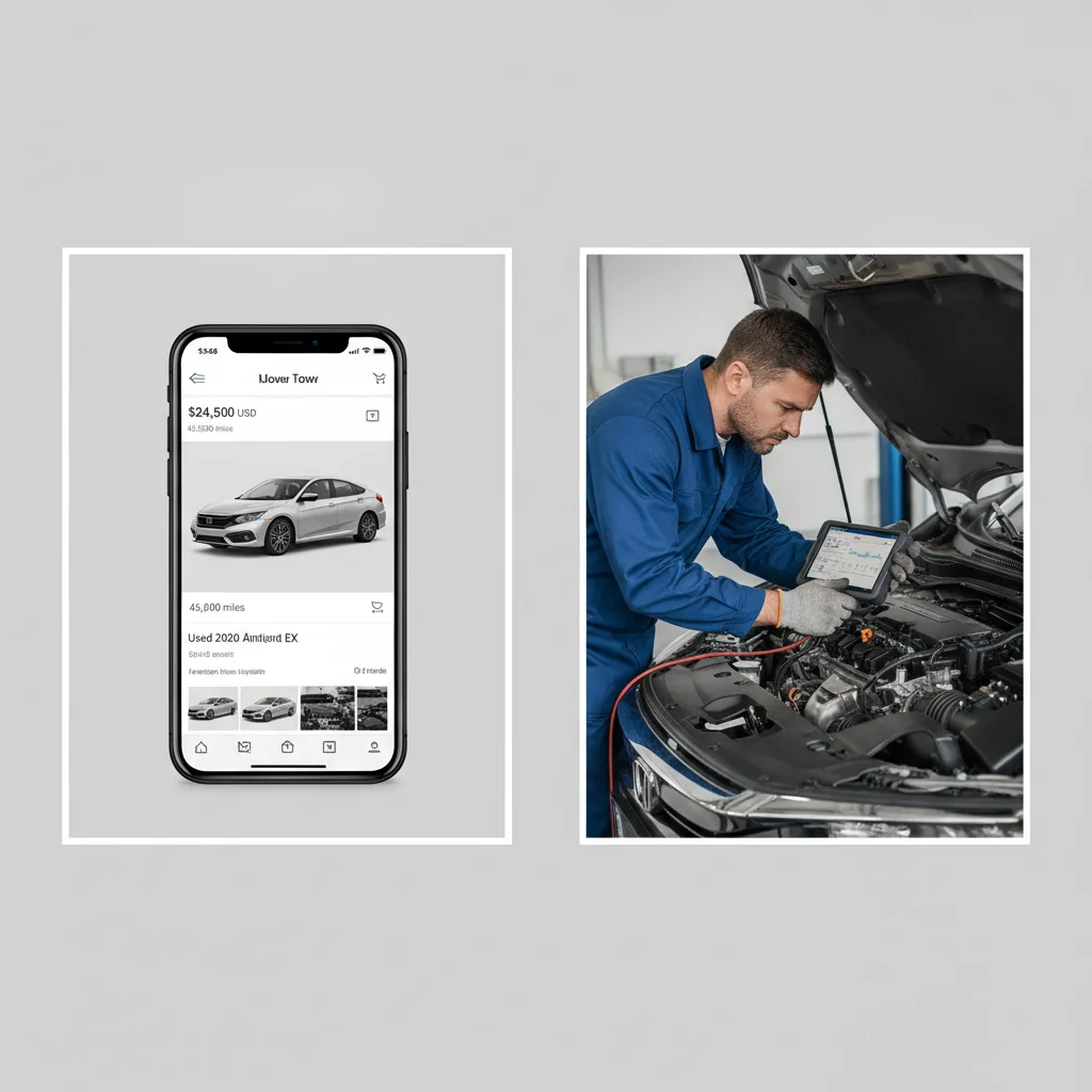 Side-by-side view of an online car listing on a phone and a mechanic inspecting the engine bay