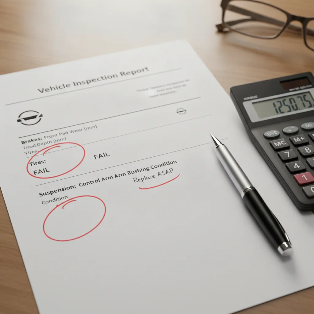A printed vehicle inspection report with problem items circled in red pen on a desk