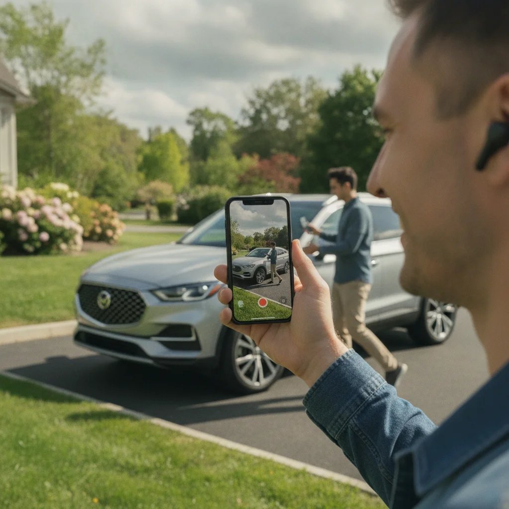Person on a video call receiving a live virtual walkthrough of a car from a remote seller in a driveway