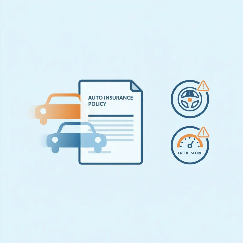Illustration of two cars merging into one policy with caution icons for driving record and credit score