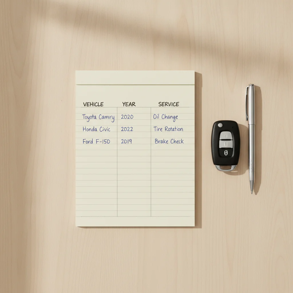 Organized notepad with vehicle information, VIN, and mileage written out alongside car keys