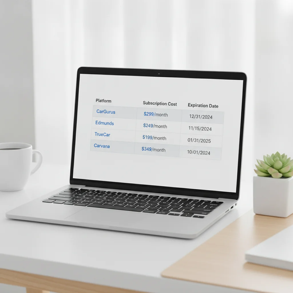Laptop screen displaying a spreadsheet comparing four instant car offer amounts and expiration dates