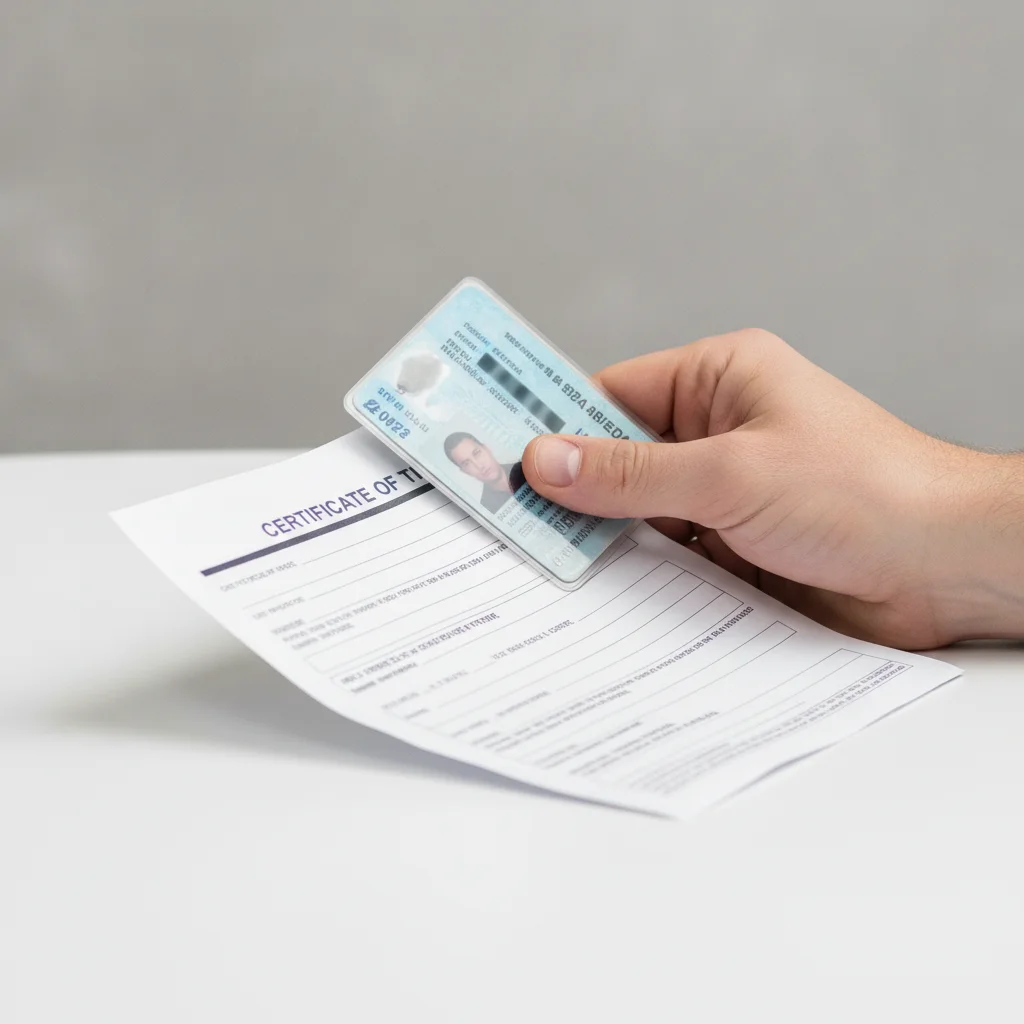 Car title document and government-issued ID held in hand ready for vehicle transfer
