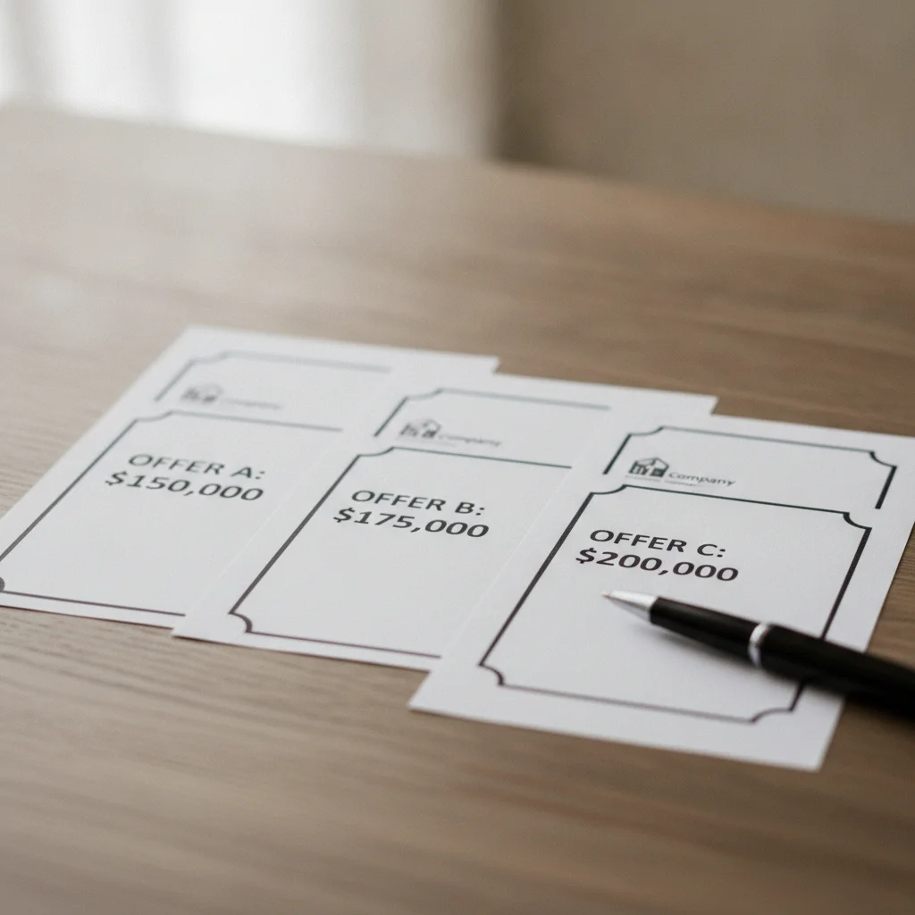Three competing trade-in offer sheets placed side by side on a desk showing different dollar amounts