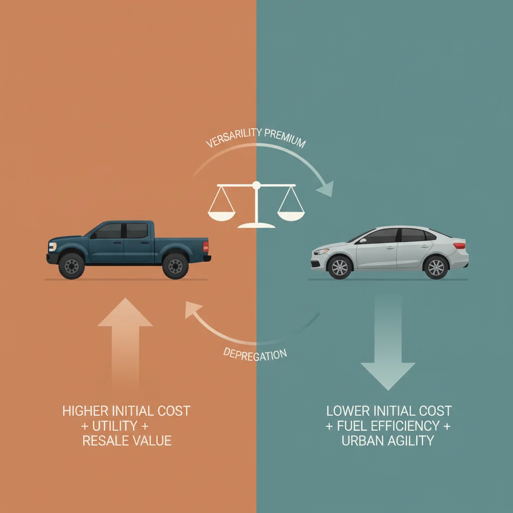 Illustration comparing trade-in value potential of a pickup truck versus a compact sedan