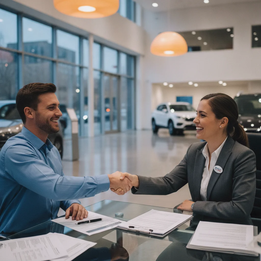 Person and dealership representative shaking hands over a completed trade-in and purchase agreement