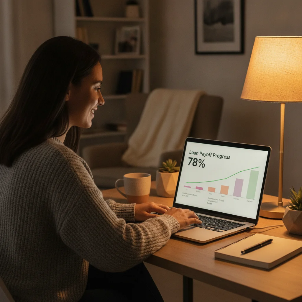 Person tracking auto loan payoff progress on a laptop with a loan amortization chart on screen