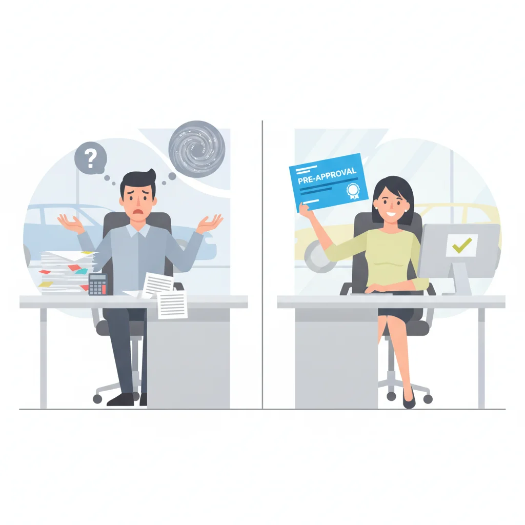 Two car buyers at a dealership finance desk, one without pre-approval looking uncertain and one with pre-approval looking confident
