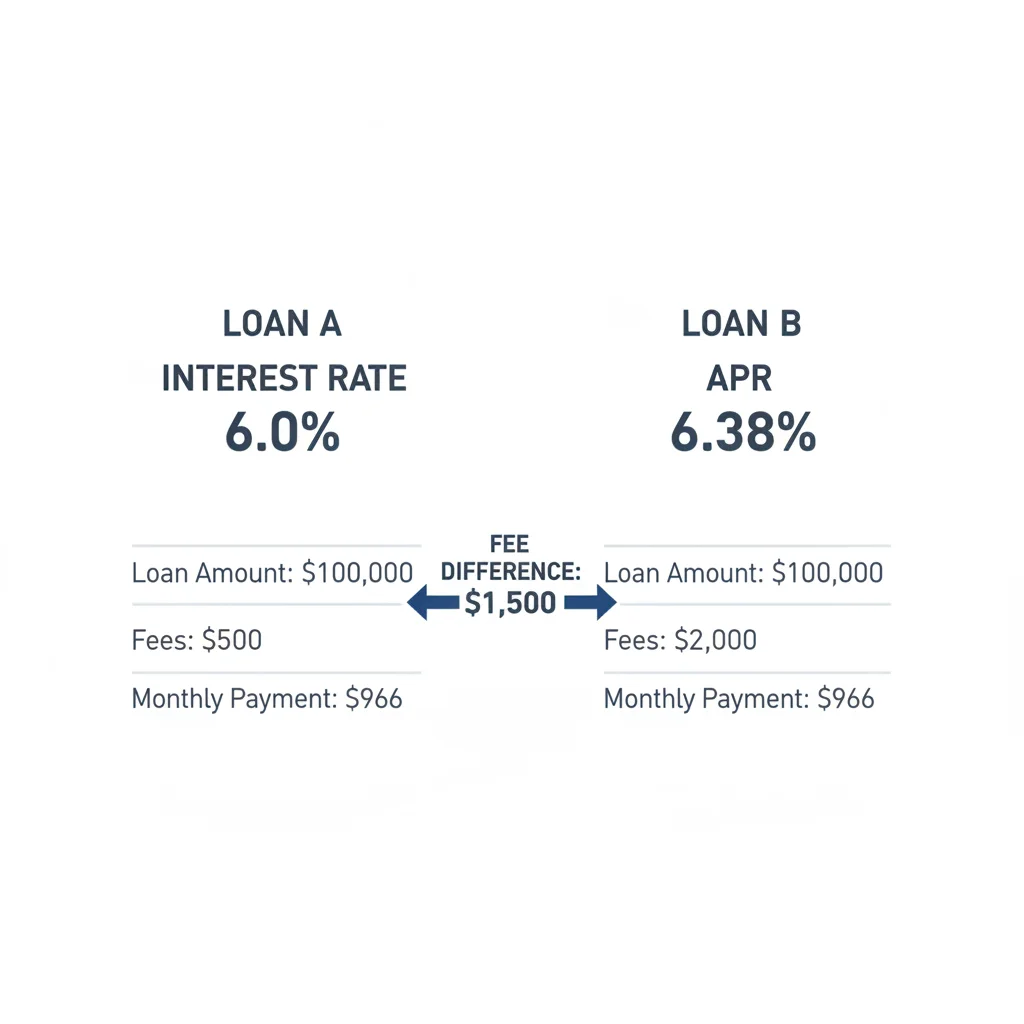 Infographic comparing interest rate and APR on two auto loan offers showing hidden fee differences