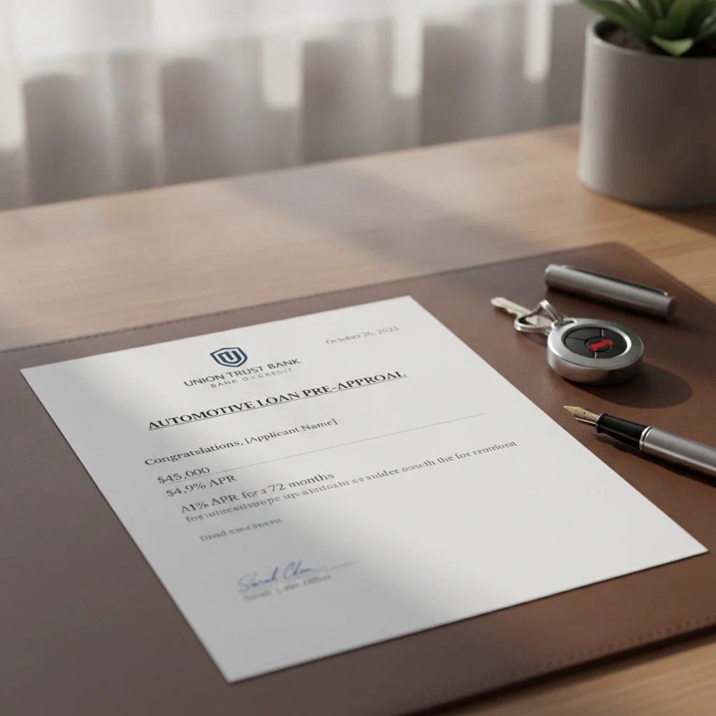 Auto loan preapproval letter from a lender sitting on desk next to car keys