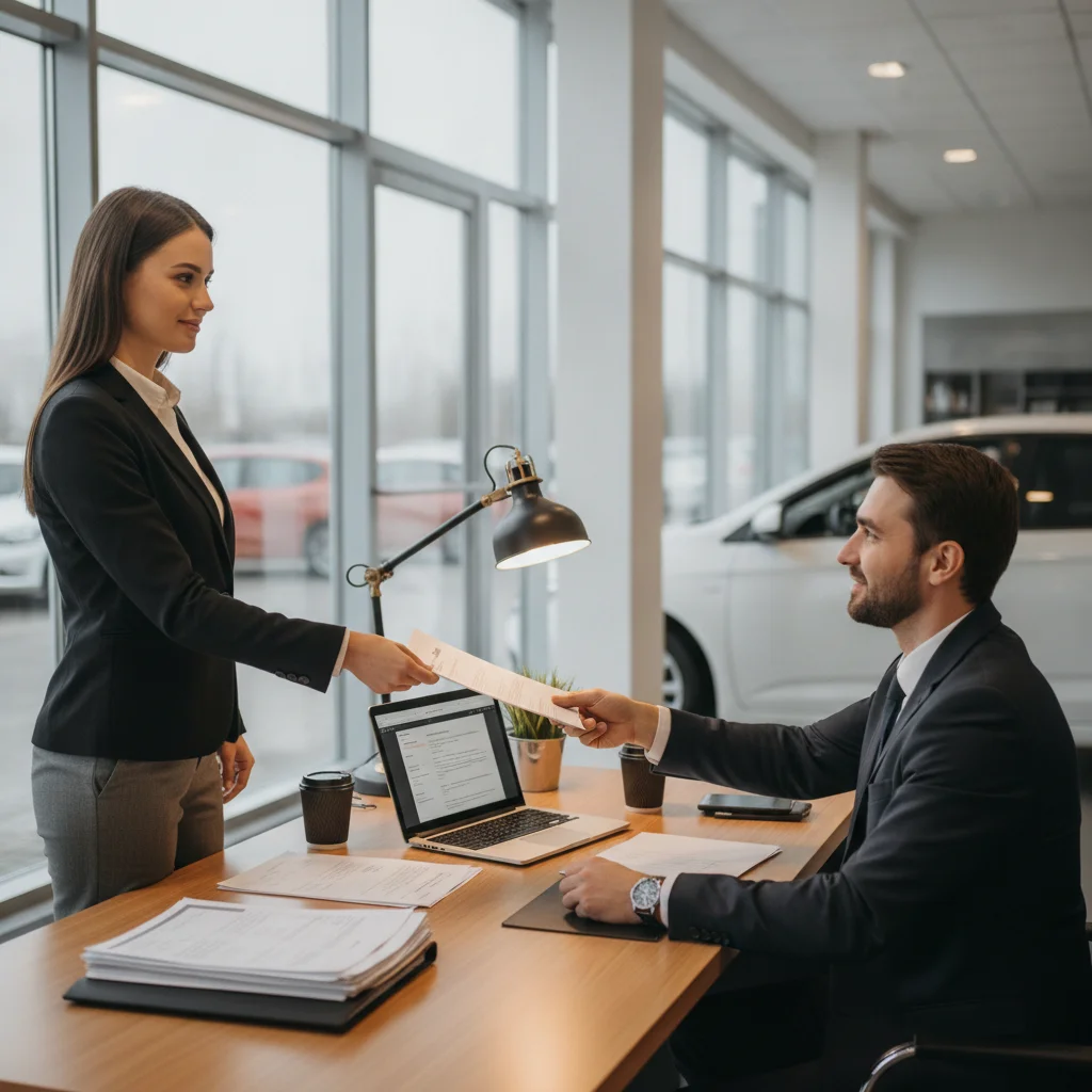 Car buyer presenting preapproval letter to dealership finance manager at desk