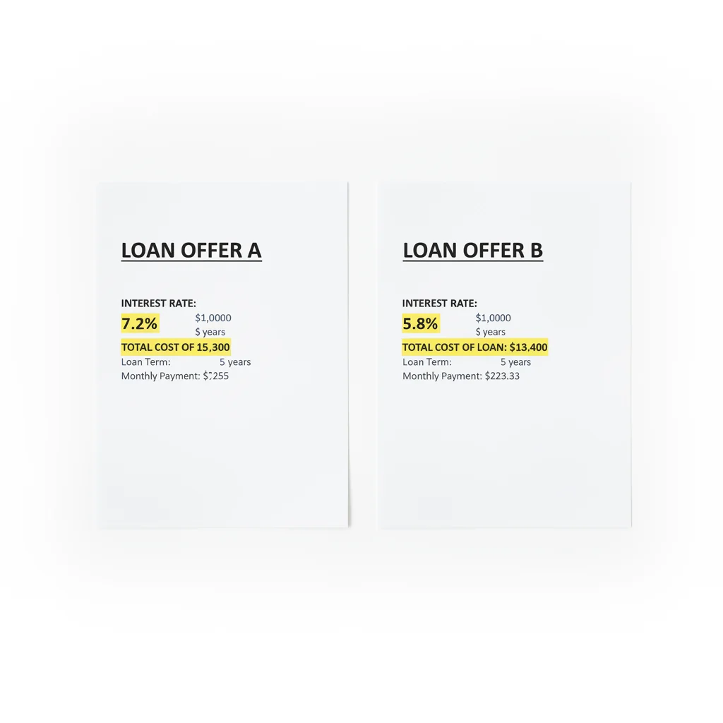 Two auto loan offer documents side by side showing APR and total cost comparison