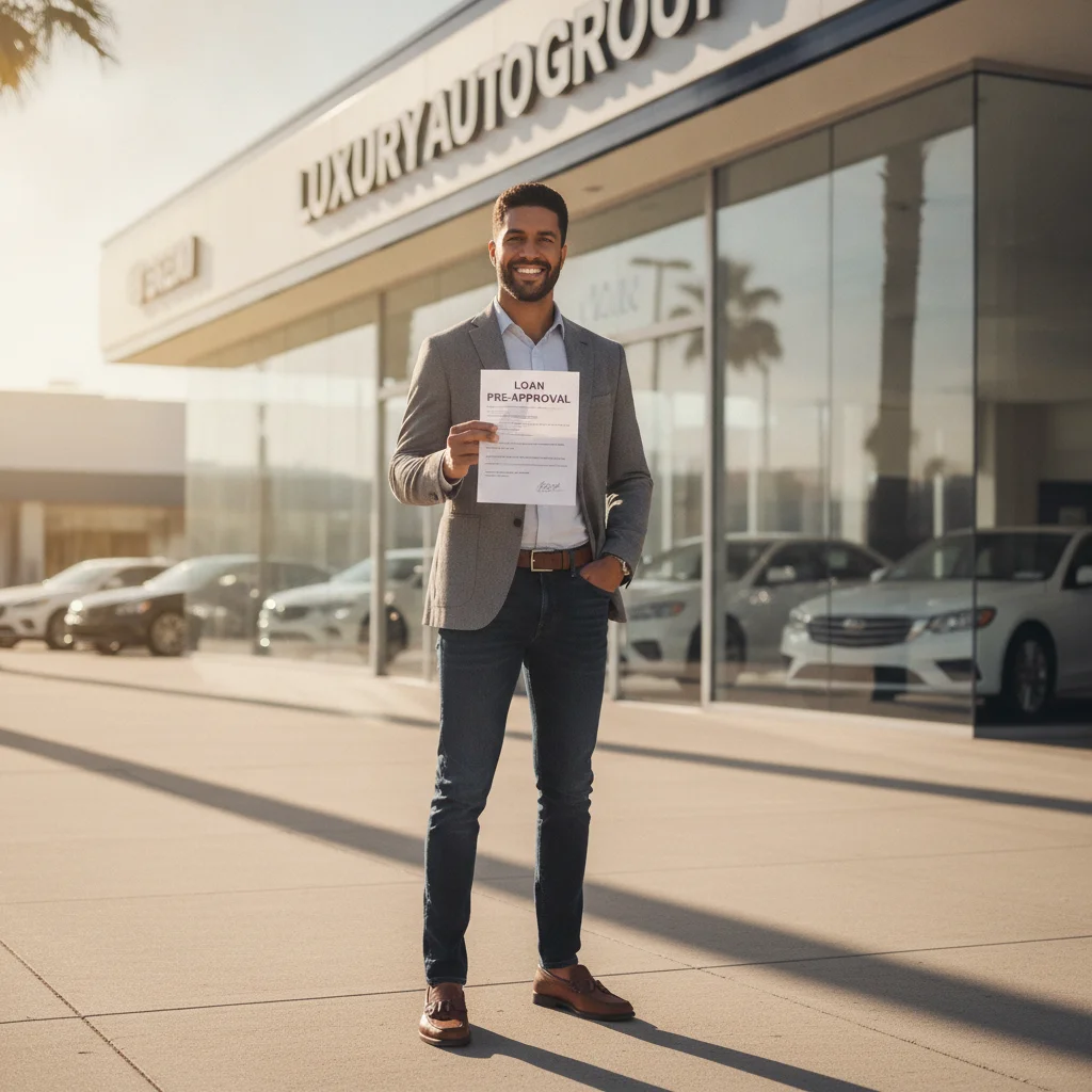 Person holding a preapproval letter outside a car dealership ready to negotiate