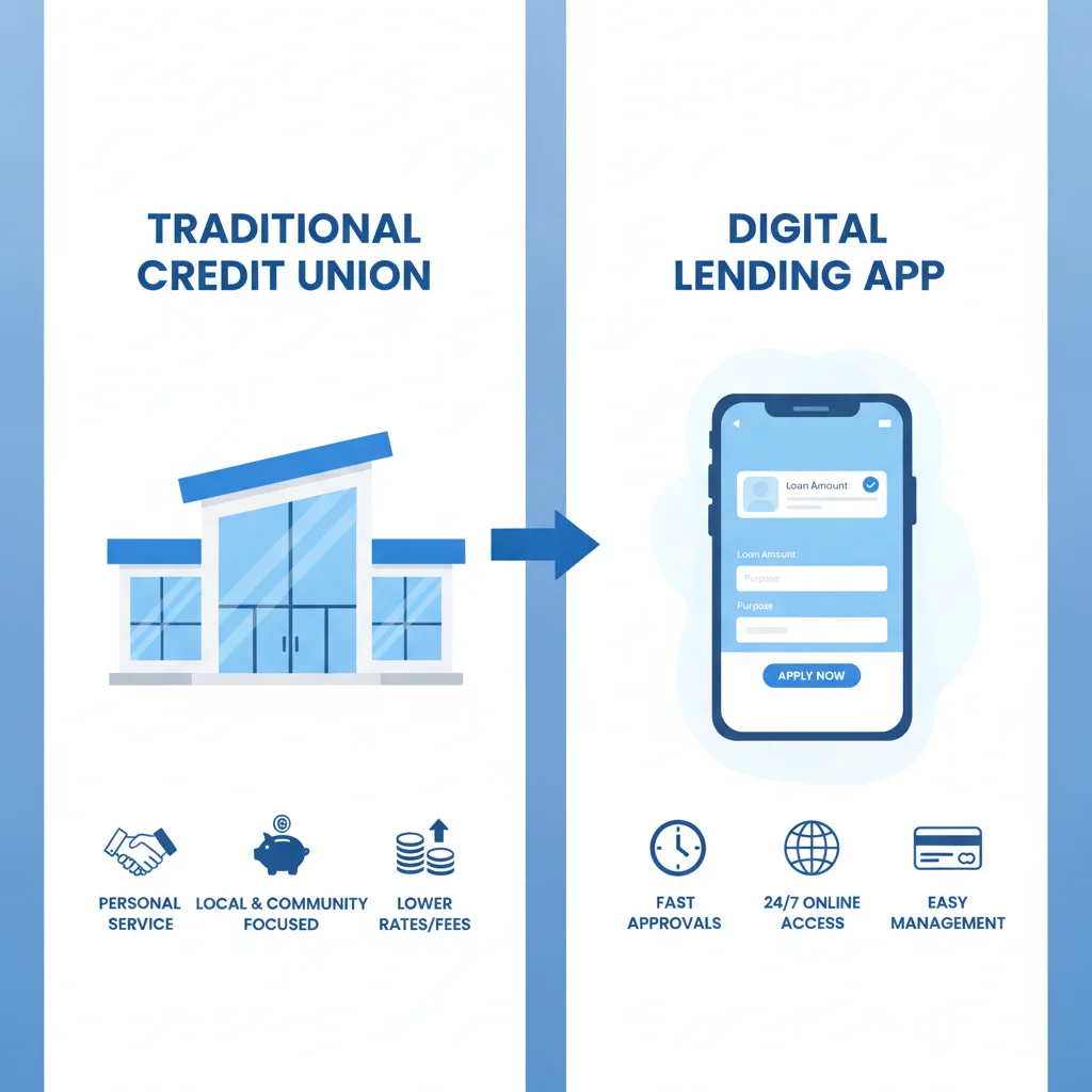 Comparison illustration of credit union branch and online auto lender app for subprime borrowers